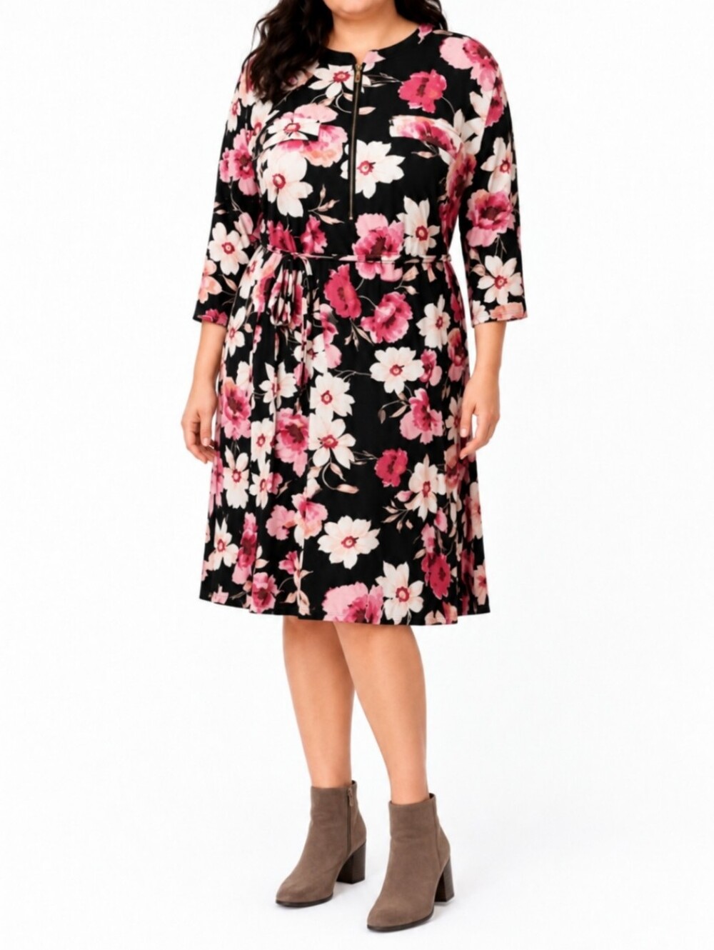 Magazine Xl Floral Adjustable Sleeve Tie Dress Half Zip